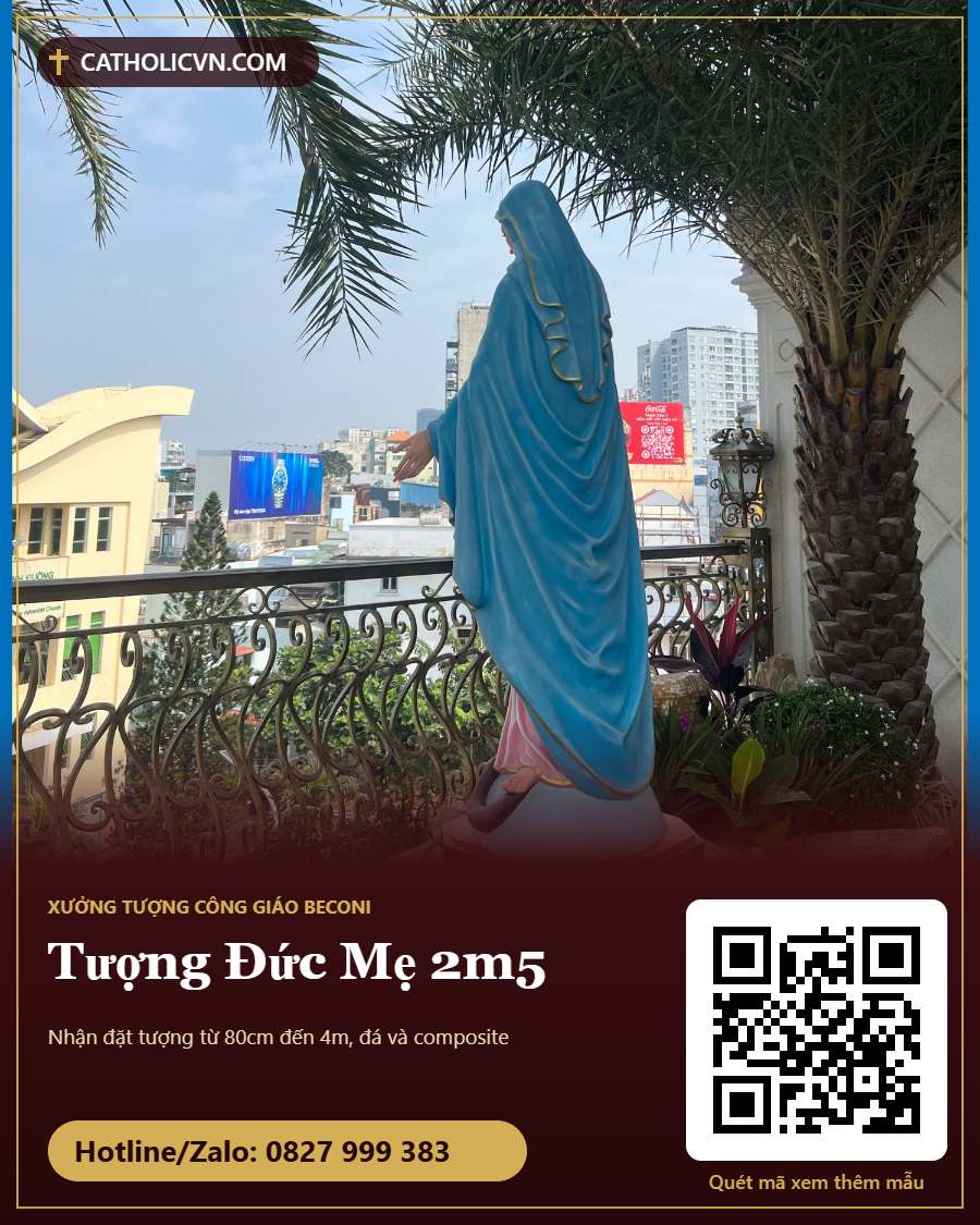 Tượng Đức Mẹ 2m5 trước nhà thờ: nhìn rõ từ xa, sáng đẹp về đêm
